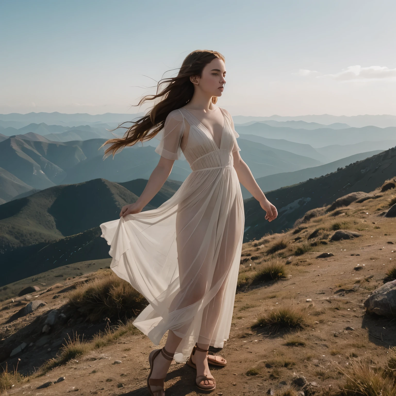 Sophia Lillis, plump body, long braided hair, high fantasy, dancing on a mountain top, billowing sheer dress