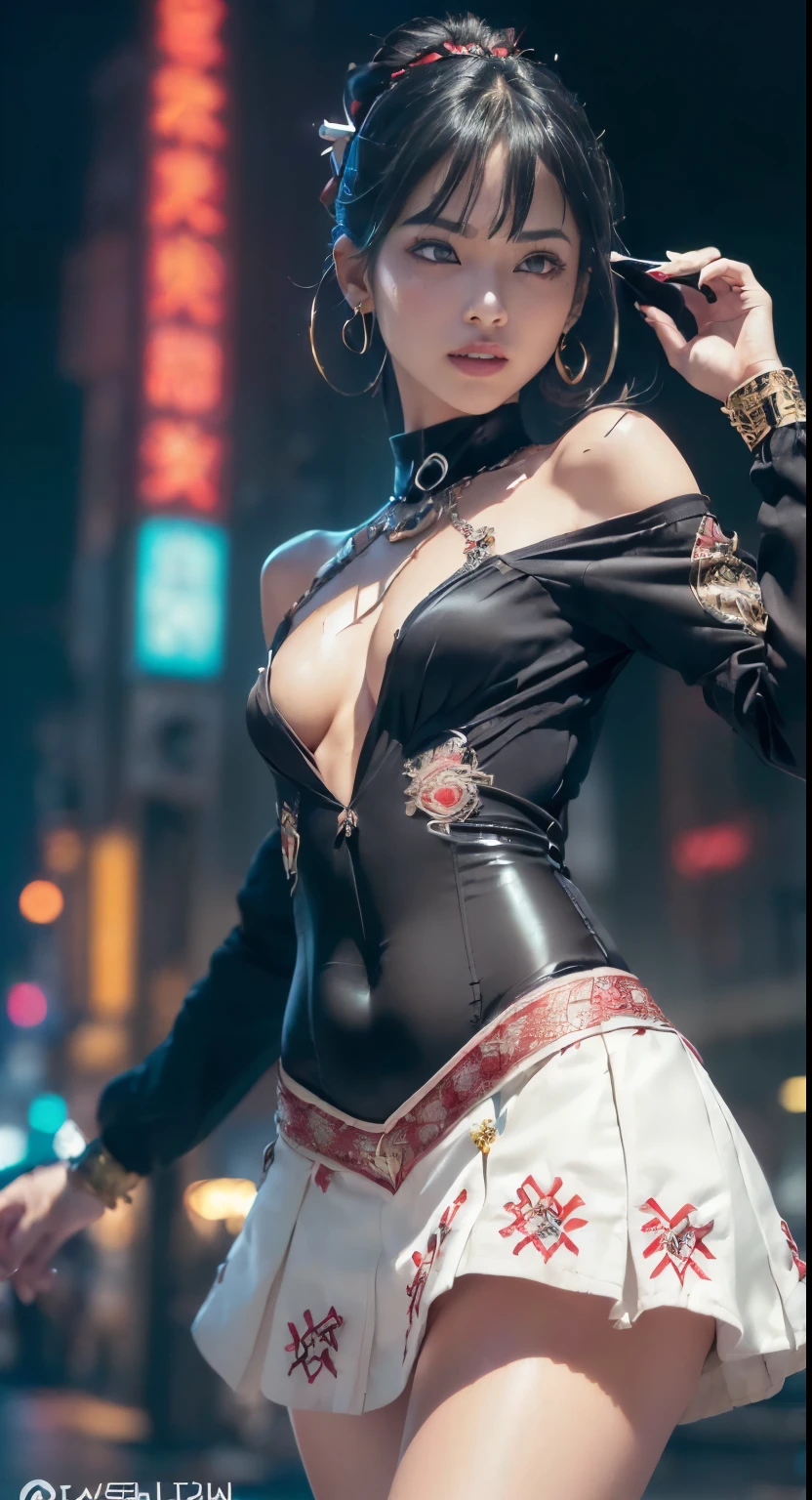 High resolution、Resident of another dimension、24-year-old beautiful girl、slender body、Very intelligent、short hairstyle、high nose、eyeliner、long、sad expression、、intelligent warrior、Glittering costumes、Neon Street