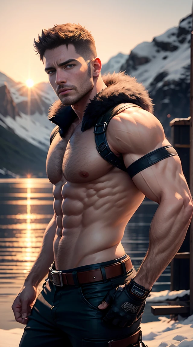 chris redfield,resident Evil, show off your muscles, body hair , sexy body, fur bottom,Rough and real skin,keen vision,blue eyes,8K HD resolution,Realism 1.4,Snowy mountains in the background,lake,Sunset,warship
