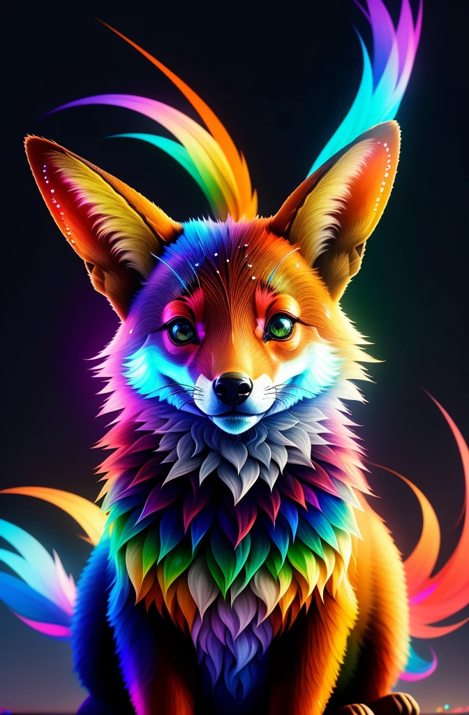 Raposa de cores vivas iriscente com olhos brilhantes e cauda brilhante, ethereal fox, raposa digital iriscente, arte de fantasia digital colorida, arte digital luminescente, Arte digital altamente detalhada em 4k, 8k arte impressionante, Arte bonita UHD 4K, Arte digital detalhada em 4k,