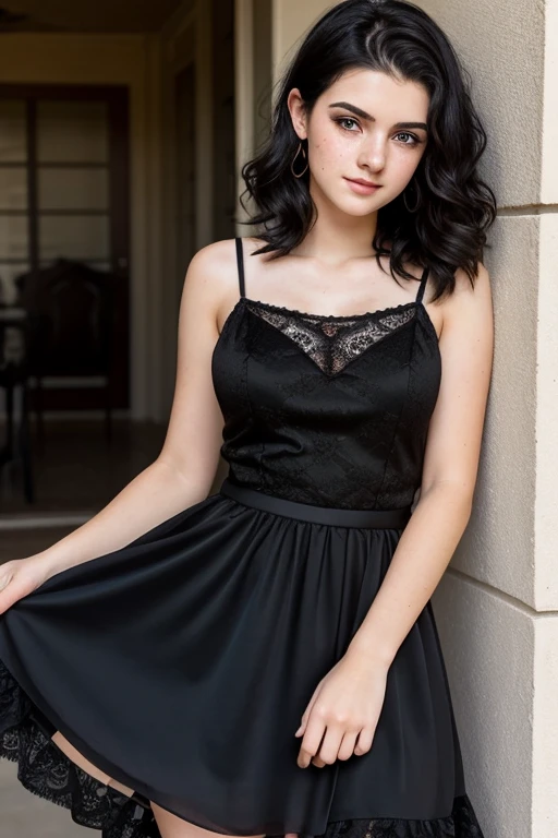 Beautiful girl, tall girl, short wavy black hair, rough pale skin, freckles, fancy black dress, lace, long skirt, blushing, thick eyeliner, heavy makeup, best quality, beautiful face, playful