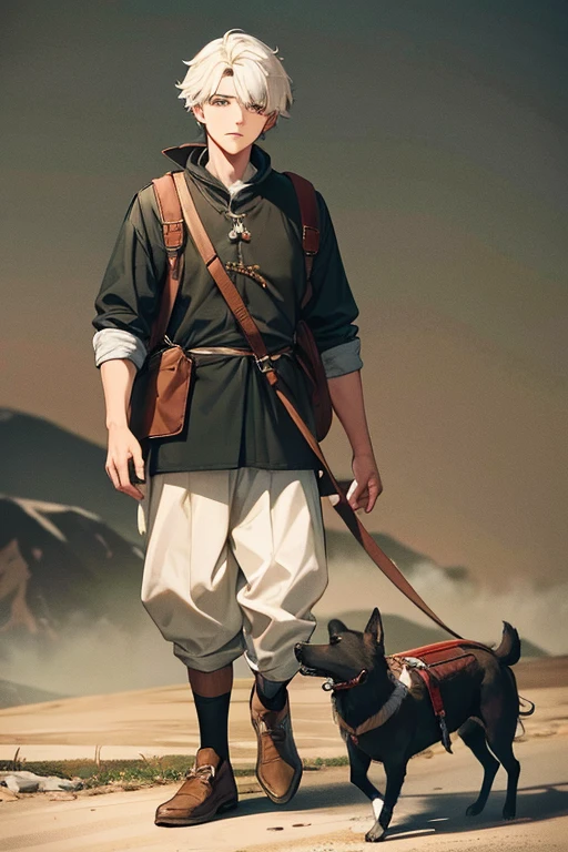 jovem com cabelos loiros grandes, em uma montanha, with a backpack on his back accompanied by his small white dog, he walks happily. de frente para mim roupa medieval