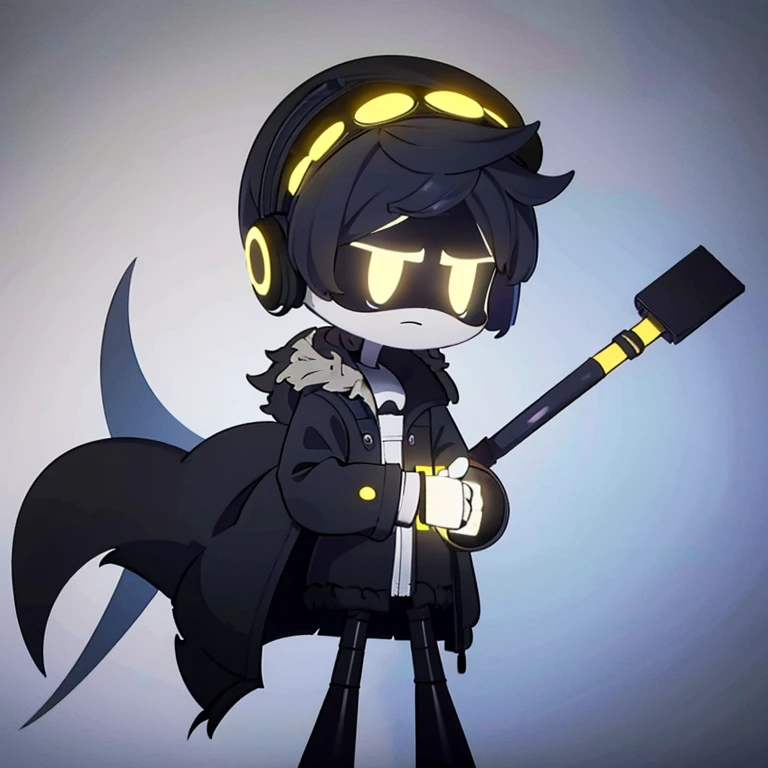 A tall masculine humanoid BOY robot from with weapons with REALLY SHORT parted black hair and a white body with yellow and black accents with a frown wearing black pants and a black trench coat with fur around the neck and wearing headphones on his head