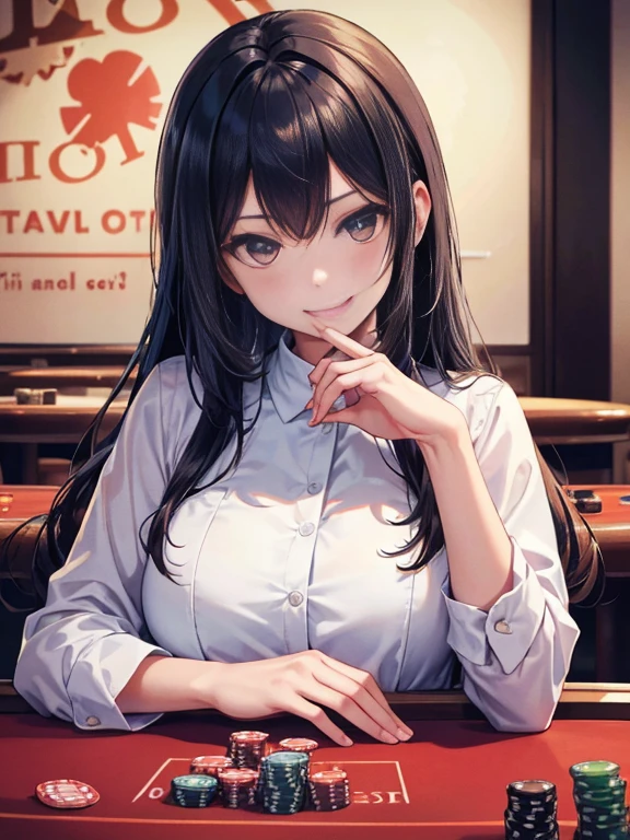 (best quality, hyper detailed, insanely detailed, masterpiece, 8K),Generate a close-up image of a girl sitting at a casino table. Her elbows are resting on the table and she is intertwining her fingers. She has a mischievous smirk on her face, resembling ,smile. Focus on capturing the expressions in her eyes and the subtle details of her facial features."