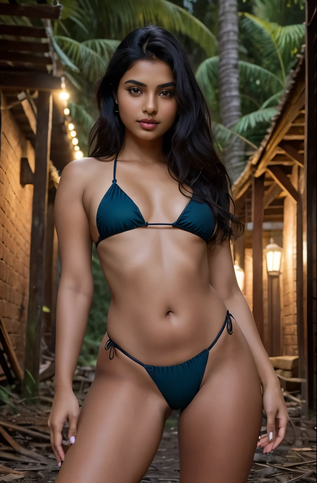 (Indian girl), beautiful detailed face, (dark hair), (flat chest, small breasts), ((looking at viewer)), sandal,((in tight micro bikini))), ((pussy lips contours) ) ,wide hips, thick thighs , spreading legs, thong, photo Realistic, in dark ruins , at night , forest, sharp quality ,hd , oily body