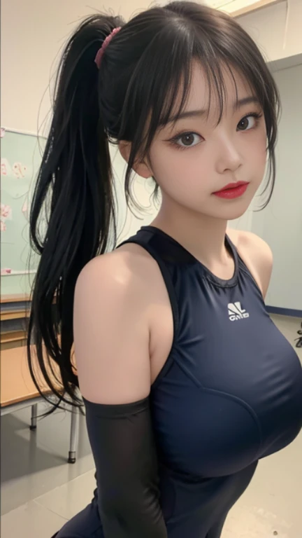 play sports often, ponytail、school swimwear, No panties, (Cyberpunk settings: 1.2), compensate,, (1 girl: 1.4), highest quality, masterpiece, (reality: 1.2), young woman, lady, detailed face, fine eyes, fine hair, fine skin, looking at the viewer, dramatic, vibrant, sharp focus, 50mm, f1.2, EOS R8, (3/4 body: 1.2), Are standing, (Against the background of the school: 1.6), (highest qualityの詳細: 1.2), 8K HD,(huge breasts:1.8)、