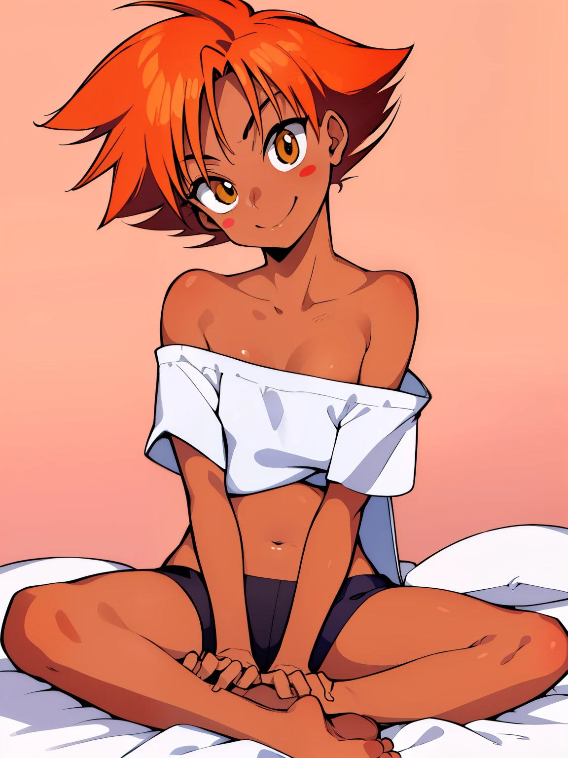 Edward,midriff,orange hair, (((naked))) collarbone,tan skin, brown eyes, space station,engine room, lying in bed,upper body,smiling, bedroom eyes, breasts, (insanely detailed, beautiful detailed face, masterpiece, best quality), looking at viewer