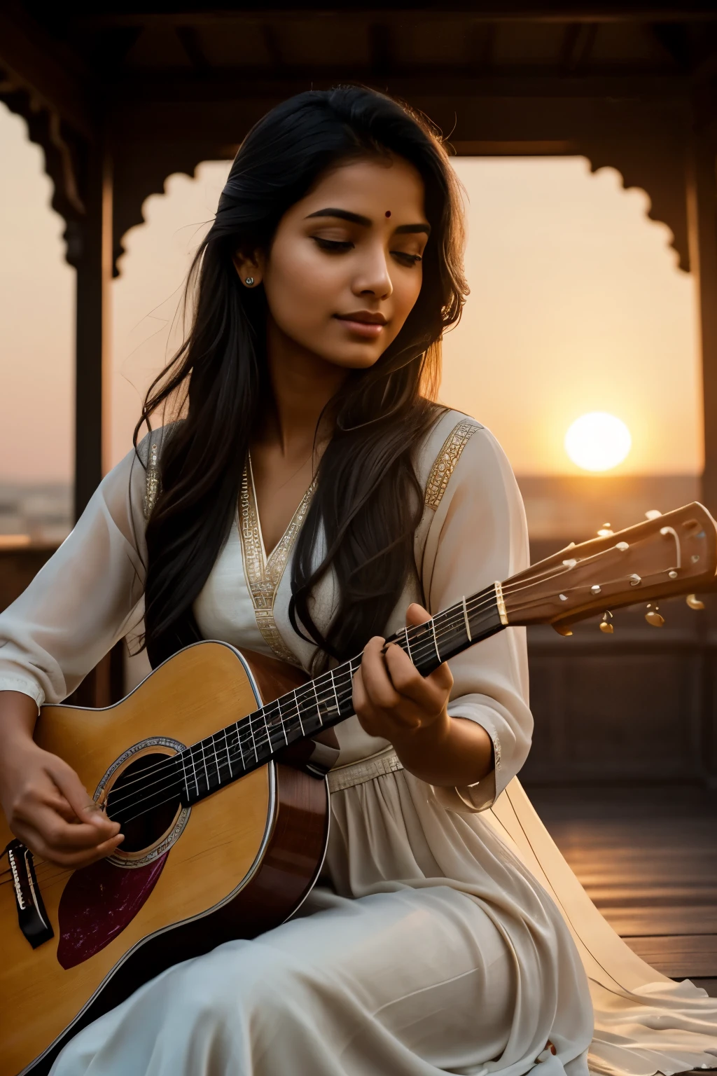 Close-up of a young Indian woman in her 20s-40s, skillfully playing a mesmerizing melody on a stringed instrument, on a serene rooftop at dusk. She is gracefully dressed in flowing silk, accentuating her elegance, while her peaceful expression harmonizes with the tranquil ambiance. The setting sun paints a breathtaking backdrop, casting a warm glow on her features, adding a touch of enchantment to the scene.
