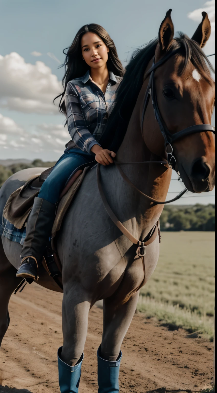Foto hiperrealista en primer plano de Kelsey Asbille (native American ((light dark skin))) wearing dirty cloths (blue buttoned plaid flannel shirt:1.1) and (blue pants:1.1), (boots:1.2), on the ranch, grey day, horses in the background, cinematic light, beautiful woman, skinny, large big breasts, black long hair, detailed face, facing the camera, photo taken from a distance, age of 25 years old, camera filter on pastel gray colors,, grey filter on camera, she is riding a horse, perfect proportions