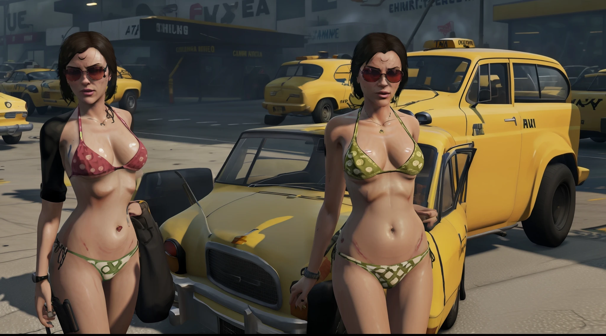 there is a woman in a bikini standing next to a taxi, screen short from mafia 2, cinematic screenshot gta 5, style of gta v, gta5 style, gta v gameplay screenshot, elon musk in gta v, screenshot from gta v, gta v style, gta v screenshot, cutscene footage, gta 6 style, gta 5 screenshot, grand theft auto style