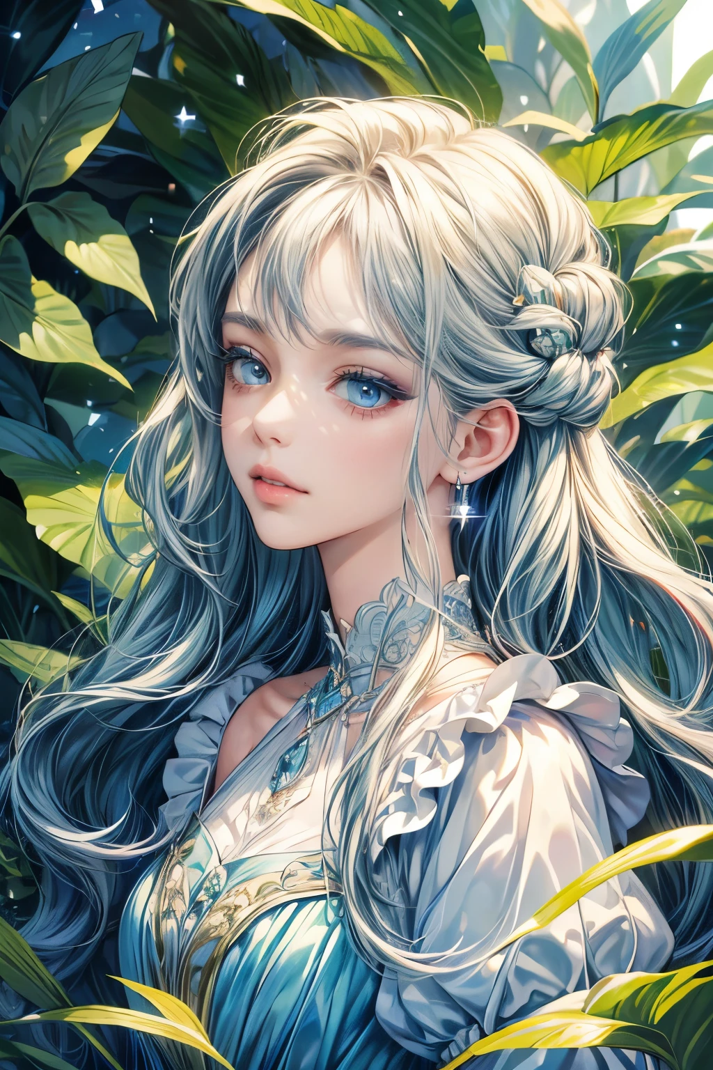 (best quality,1.4), (masterpiece:1.4), ultra-high resolution, 8k, CG, (exquisite:1.2), upper body, 1 girl, alone, Thumbelina, little princess, blue taffeta court gown, forest background, detailed facial features, almond-shaped eyes, intricate eye makeup, long eyelashes, bright and clear big eyes with a starry gaze, detailed lip details, soft style