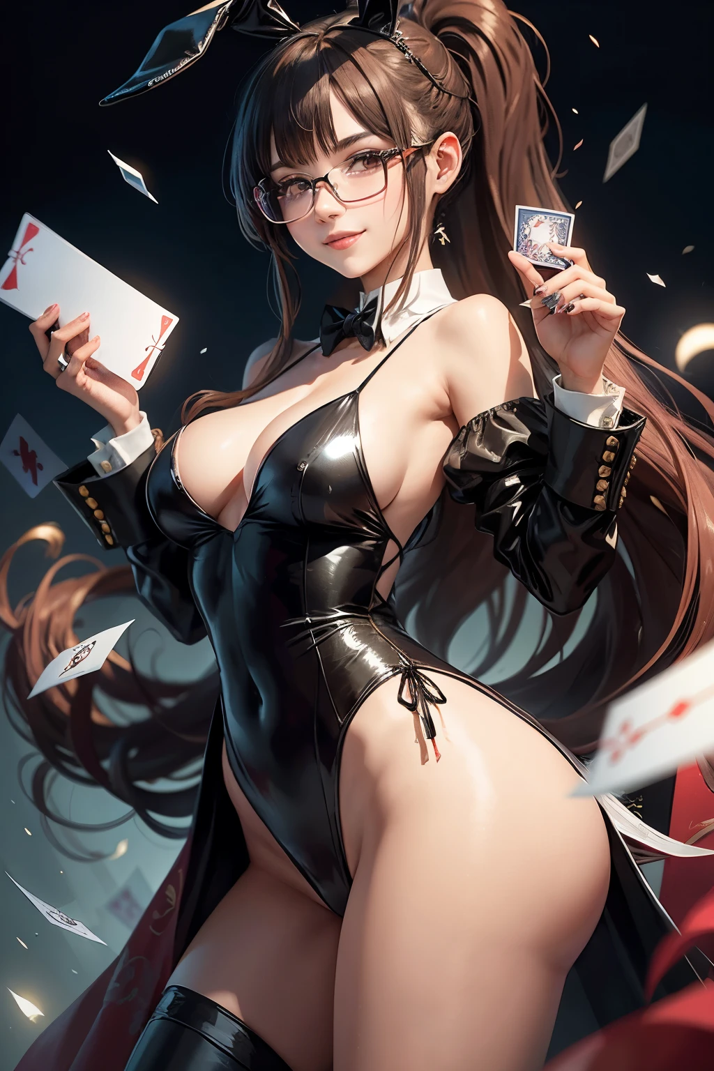 Beautiful female magician, 16 years old, throwing cards, long hair in a ponytail, bangs, wearing glasses, smiling brightly, wearing a black bunny suit, wearing a long tail tuxedo, wearing black stockings, has flying cards.  many, anime