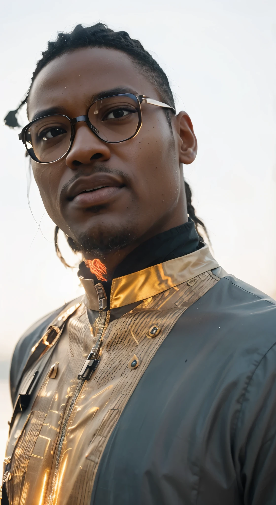 black man shocked look on his face is wearing glasses, a suit, ethnic shirt. This ultra-high resolution, photorealistic full-body portrait is bathed in the warm glow of sunlight, capturing the essence of the scene. The style is reminiscent of mecha sci-fi anime, presented in an impressive 8K resolution for unparalleled image quality. Crafted with Unreal Engine 5, the artwork features ultra-realistic 64K CG, skin texture at 1.4, and an evocative orange volumetric fog, adding depth and atmosphere to the narrative. Further detailing includes 8K UHD, DSLR quality, film grain, and the artistic nuances of lomography, resulting in a visually stunning composition that seamlessly blends high-quality visuals, translucent effects, and photorealism to truly captivate the viewer.
