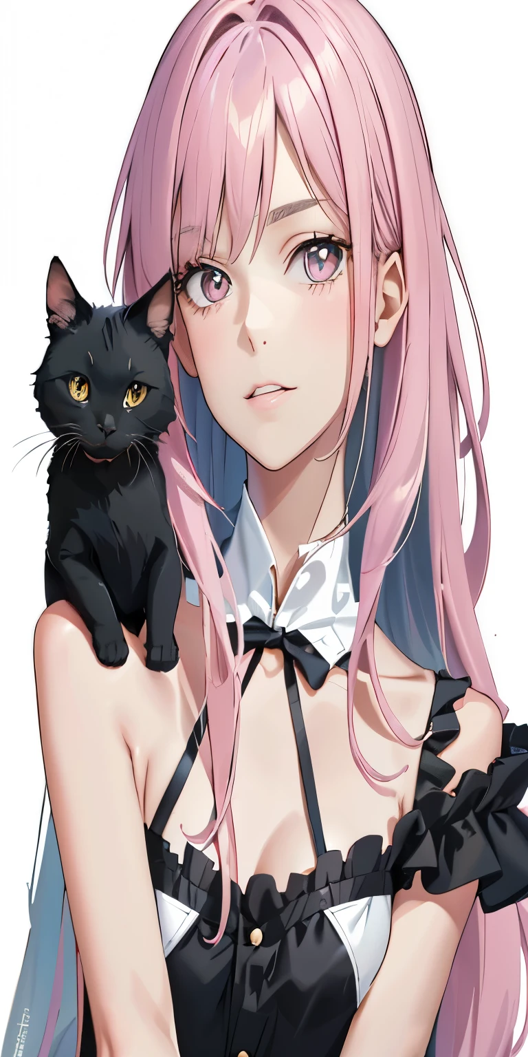 cute girl with pink hair and black cat on shoulder, very beautiful cute cat girl, realistic