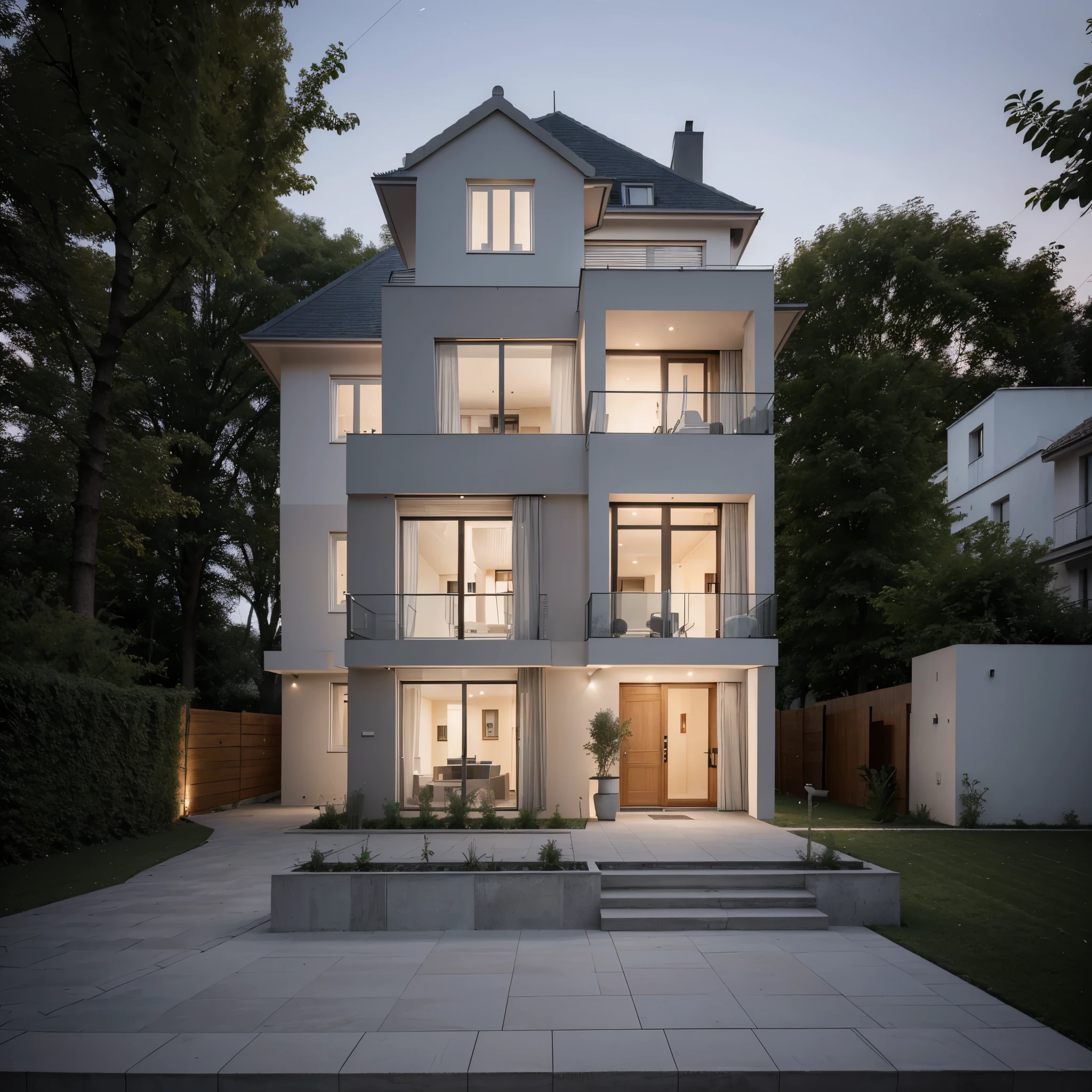 [Super réaliste] gros plan d'une maison avec de nombreuses fenêtres et arbres, avec des lumières vives la nuit, maison complète, design parfait et méticuleux, jour, design extérieur, design architecture globale, beau design esthétique, belle maison, maison moderne, architectural photos, design épuré et parfait, maison moderne, précise et détaillée