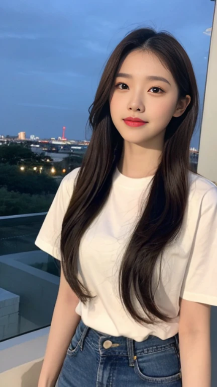 20 years old, pure beauty, Danfeng Eyes, double eyelids, lying silkworm, long eyelashes, black eyes, dark black hair, graceful body, Showing slender waist, casual shirt, new perfect denim, face highlight, Smile, look at me, Half-length photo, background, city night view, Tyndall Wright, Filter rendering, Ultra-fine, HD, HD, HD picture quality, detail, 18k ultra HD resolution, top effects, masterpiece, Half-length photos.