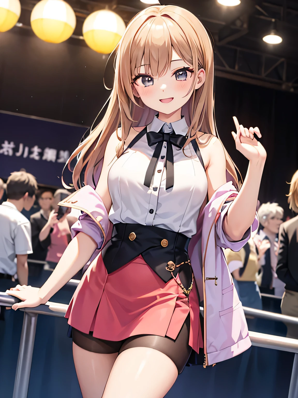 (1) A woman stands with her hand out in front of her for a handshake.
(2) The woman is an idol and wears a gorgeous costume with a miniskirt..
(3) The woman is smiling broadly.
(4) The place is a handshake event.