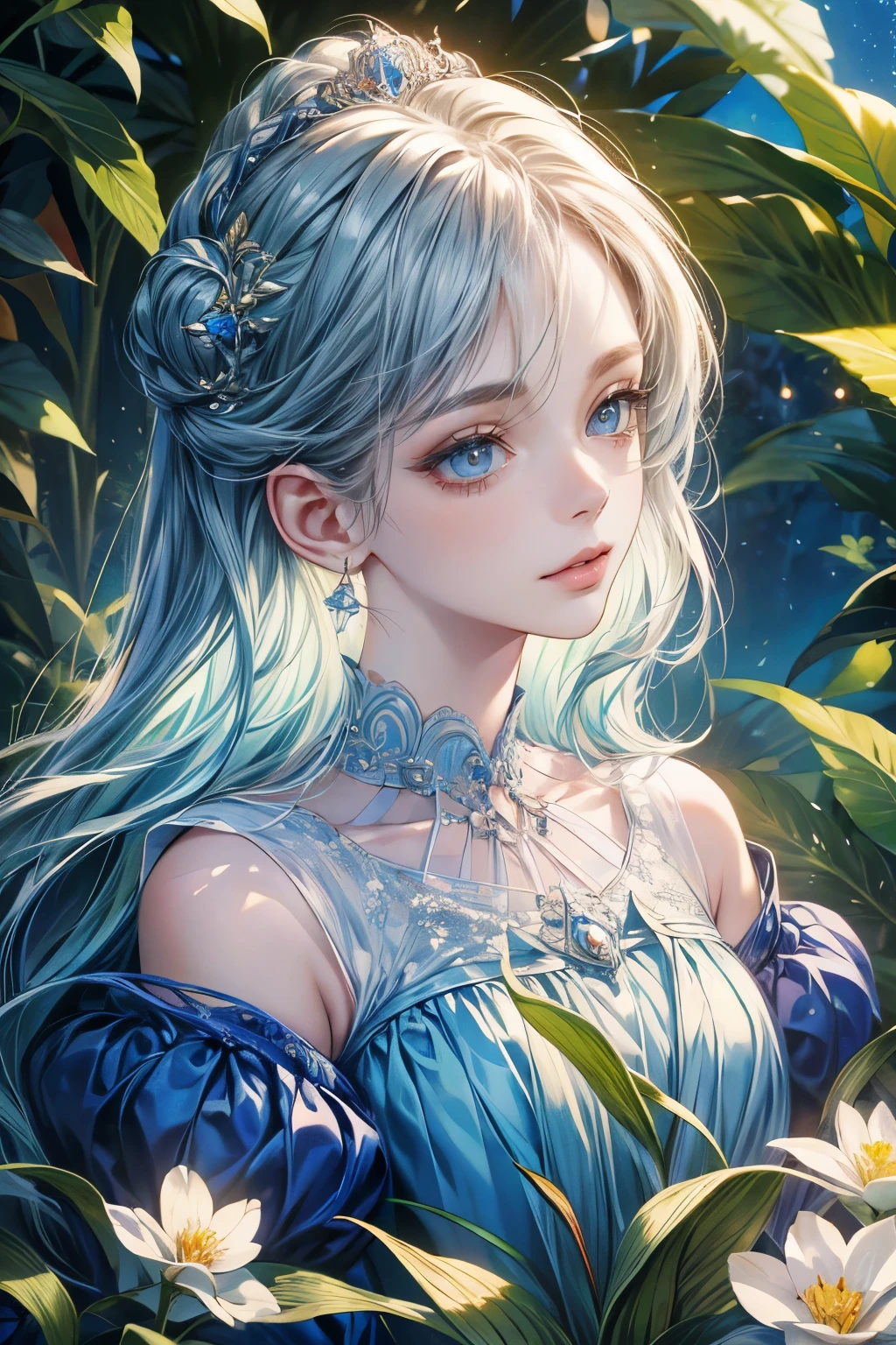 (best quality,1.4), (masterpiece:1.4), ultra-high resolution, 8k, CG, (exquisite:1.2), upper body, 1 girl, alone, Thumbelina, little princess, blue taffeta court gown, forest background, detailed facial features, almond-shaped eyes, intricate eye makeup, long eyelashes, bright and clear big eyes with a starry gaze, detailed lip details, soft style