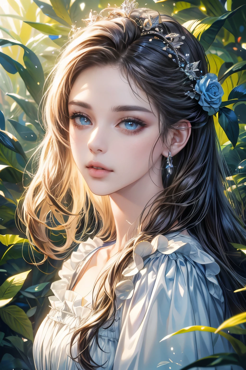 (best quality, 4k, 8k, highres, masterpiece:1.2), ultra-detailed, (realistic, photorealistic, photo-realistic:1.37), CG, upper body, one girl, alone, Thumbelina, little princess, blue taffeta court dress, forest background, intricate facial features, almond-shaped eyes, intricate eye makeup, long eyelashes, bright and clear large eyes with a starry gaze, detailed lip features, soft style