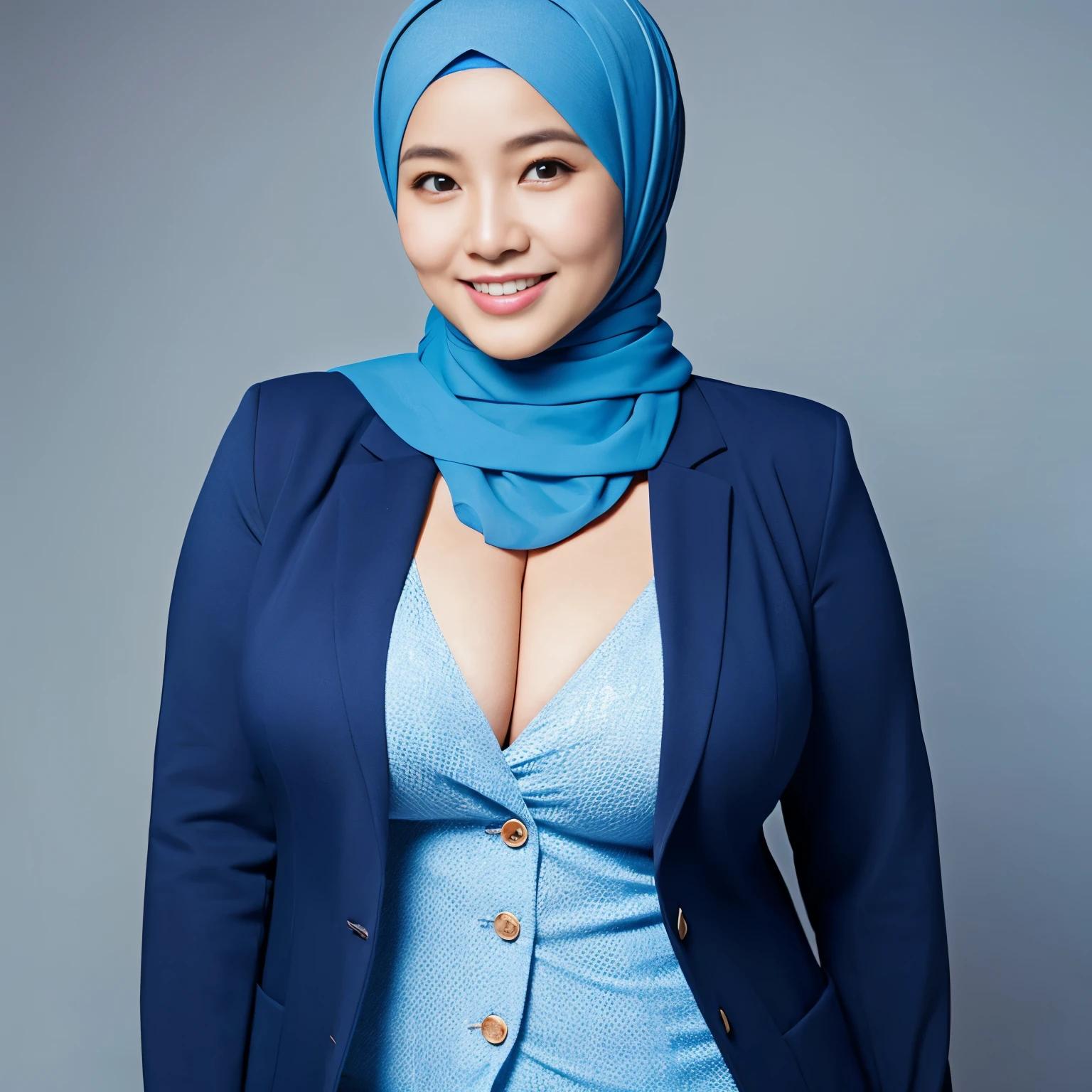 48 Years old, matured Indonesian woman in hijab wearing Unbuttoned Blazer, portrait photography, mid shot photo, ultra detail, professional photograph with professional lighting, smile, light blue studio background, curvy body, (Huge Tits