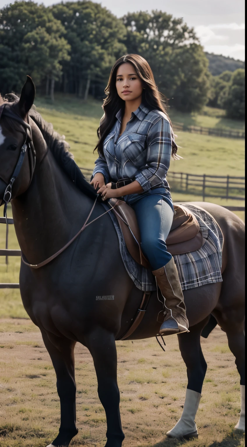 Foto hiperrealista en primer plano de Kelsey Asbille (native American ((light dark skin))) wearing dirty cloths (blue buttoned plaid flannel shirt:1.1) and (blue pants:1.1), (boots:1.2), on the ranch, grey day, horses in the background, cinematic light, beautiful woman, skinny, large big breasts, black long hair, detailed face, facing the camera, photo taken from a distance, age of 25 years old, camera filter on pastel gray colors,, grey filter on camera, she is riding a horse, perfect proportions
