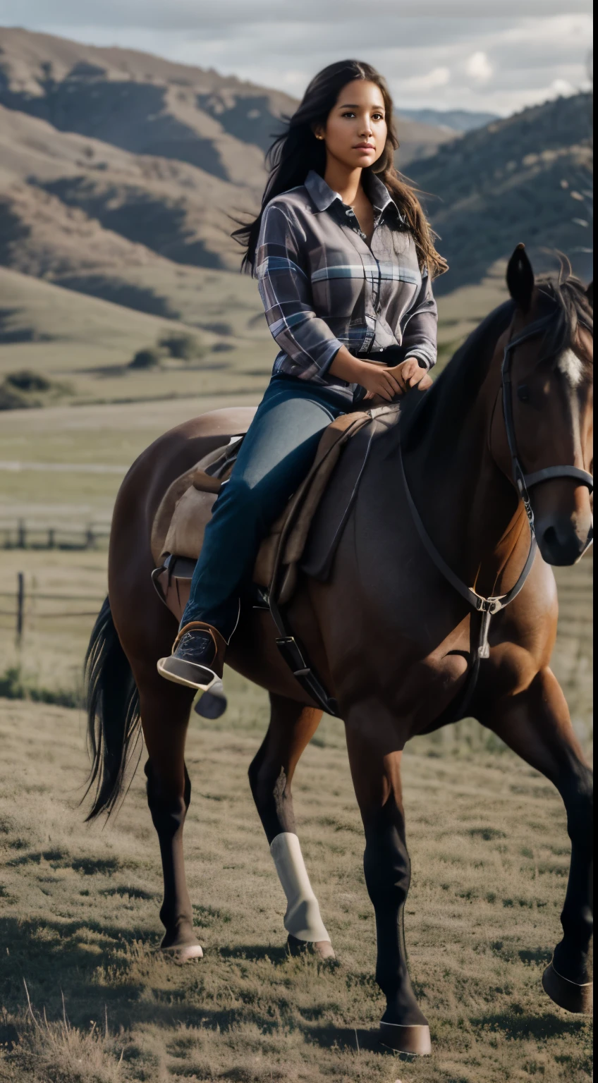 Foto hiperrealista en primer plano de Kelsey Asbille (native American ((light dark skin))) wearing dirty cloths (blue buttoned plaid flannel shirt:1.1) and (blue pants:1.1), (boots:1.2), on the ranch, grey day, horses in the background, cinematic light, beautiful woman, skinny, large big breasts, black long hair, detailed face, facing the camera, photo taken from a distance, age of 25 years old, camera filter on pastel gray colors,, grey filter on camera, she is riding a horse, perfect proportions