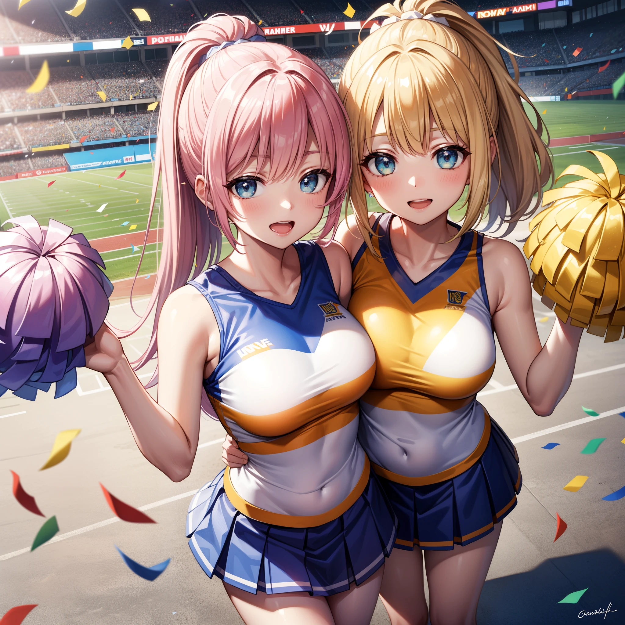 (best quality:1.2), masterpiece, high resolution, perfect lighting, lens flare, cheerleader, long hair, PONYTAIL, holding pom poms, shirt, from above, big smile, breasts, ,sleeveless, vivid, detailed eyes, t-shirt, skirt, BREAK ((colorful confetti)), stadium, gorgeous, Glimmer, effect
