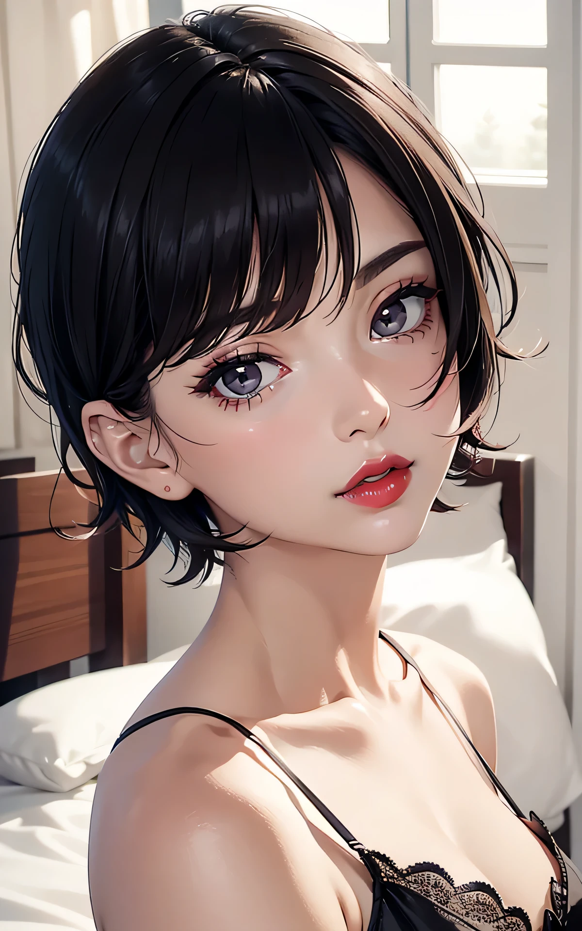 (45year old,Red lips、very short hair:1.3、full body、1woman)、 absurderes、Flat Lighting、realisticlying、ultra-detailliert、bright colour、beautiful detailed eyes、perfect eyes、detailed hair、(black hair、jet black eyes)、Delicate beautiful face,A sexy,Bed,Satin Camisole Set、Enraptured expression、 dramatic angle、forehead、put your hair over your ears:1.5