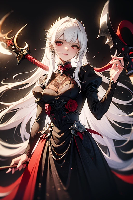 white hair, red eyes, light skin, ((long white hair)), (((battle-axe on back))), black gothic dress, flat chest, ((bored look)), 