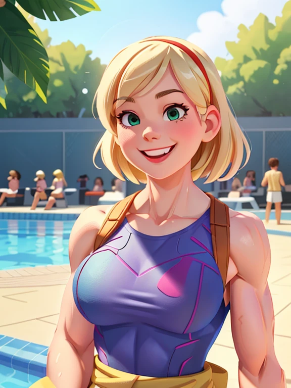 Gwen Stacy, ripped muscle, muscular body, small breast, pale skin, smile, sundress, sixpack abs, [ultra detailed skin:1.2], 8k uhd, full body, crowd, public, poolside, standing,