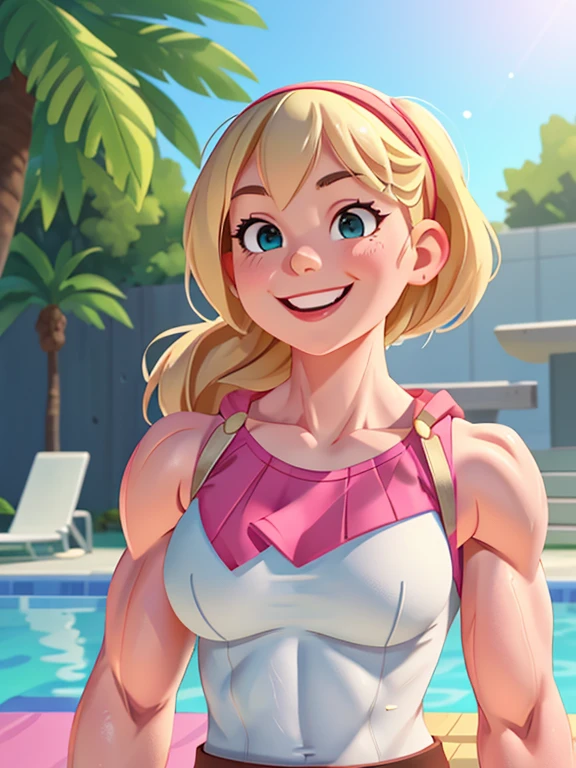 Gwen Stacy, ripped muscle, muscular body, small breast, pale skin, smile, sundress, sixpack abs, [ultra detailed skin:1.2], 8k uhd, full body, crowd, public, poolside, standing,