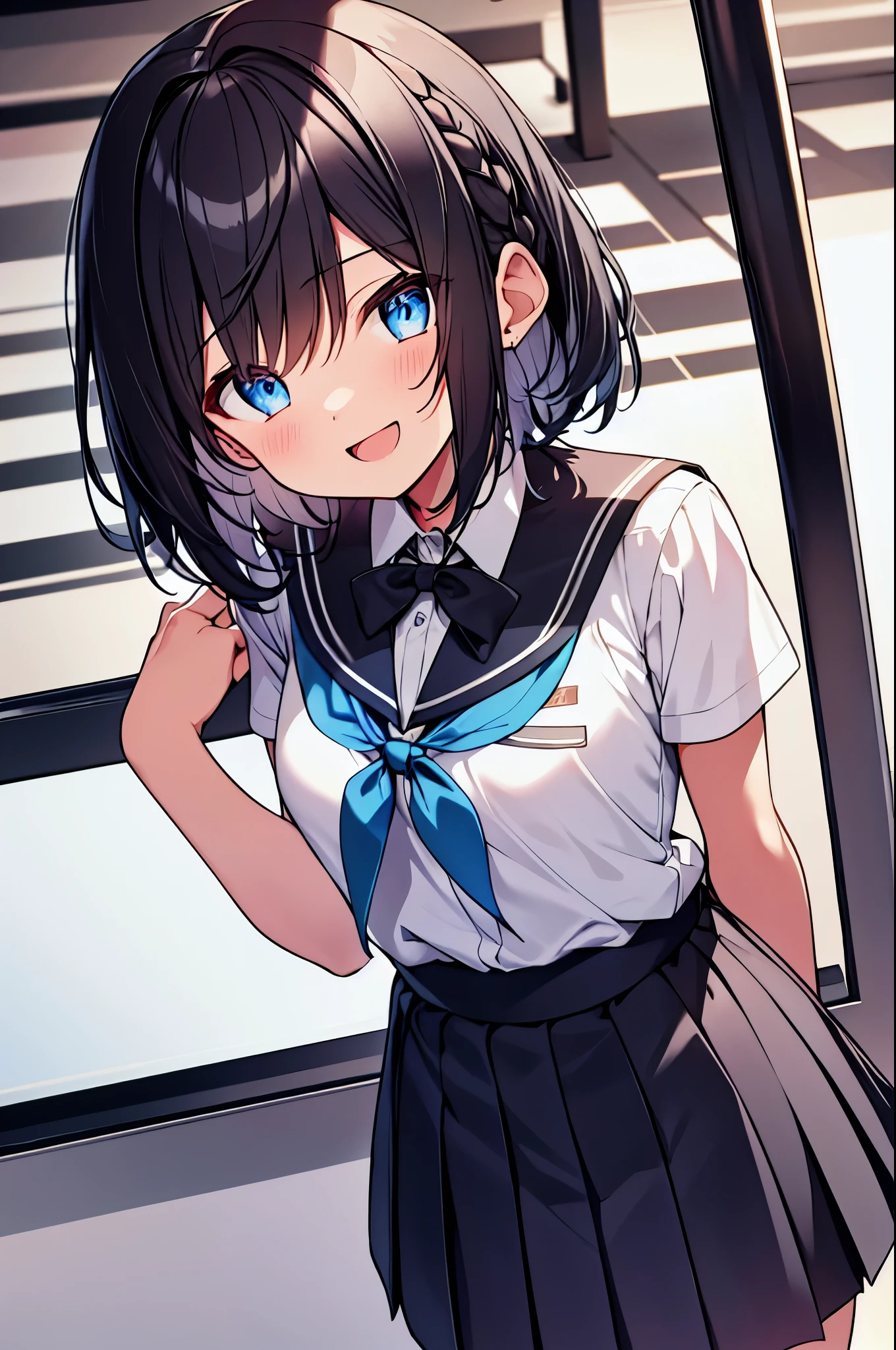 table top, highest quality,figure, wallpaper, ultra detail, 1 girl,alone,beautiful and fine eyes,Very thick contour lines、Medium short-Cut Hair、short, braided hair、skirt、(school uniform)、Dark hair color、Open mouth and big smile、Kamimei、Angle where the whole body can be seen、overhead view angle:1.2、small head、ample breasts