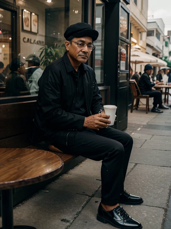 man from Indonesia named Mahfud MD, 62 years old, clean face, glasses, black cap, wearing a luxurious black suit, wearing shiny black shoes, sitting with a handsome 62 year old Indonesian man, short black hair, wearing a black jacket and blue trousers , wearing black shoes, enjoying coffee, outdoor coffee shop, highly detailed, cinematic, 8k resolution, calm, photography, ultra HD