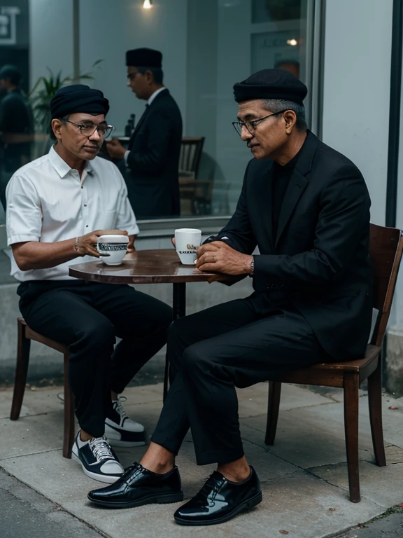 man from Indonesia named Mahfud MD, 62 years old, clean face, glasses, black cap, wearing a luxurious black suit, wearing shiny black shoes, sitting with a handsome 62 year old Indonesian man, short black hair, wearing a black jacket and blue trousers , wearing black shoes, enjoying coffee, outdoor coffee shop, highly detailed, cinematic, 8k resolution, calm, photography, ultra HD
