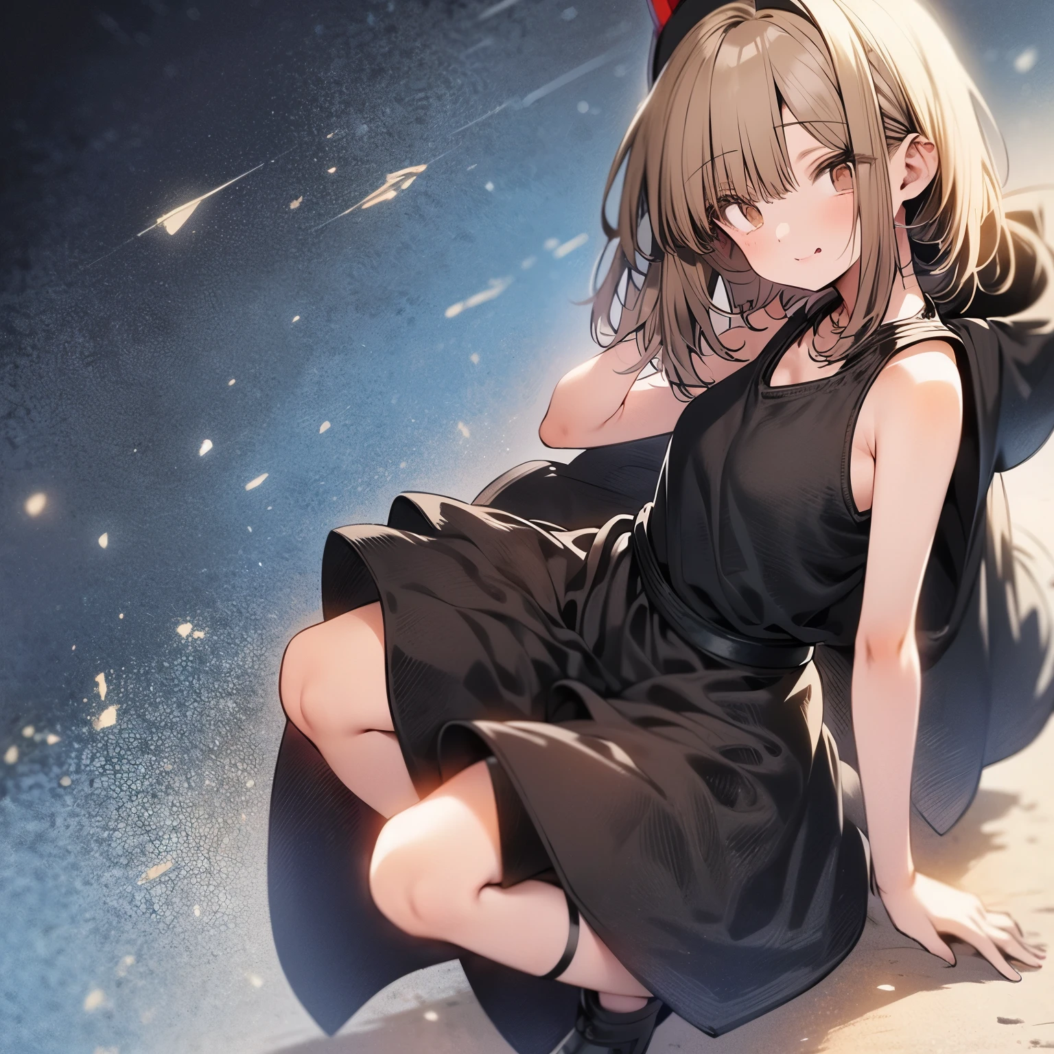 An anime 26 years old girl, a bit short female about 163cm, with brown messy hair and hazel eyes. She is of a very attractive body type (slim with a nice curves) who wears black military clothes that consists of a tank top and shorts, black military boots with a black military hat.