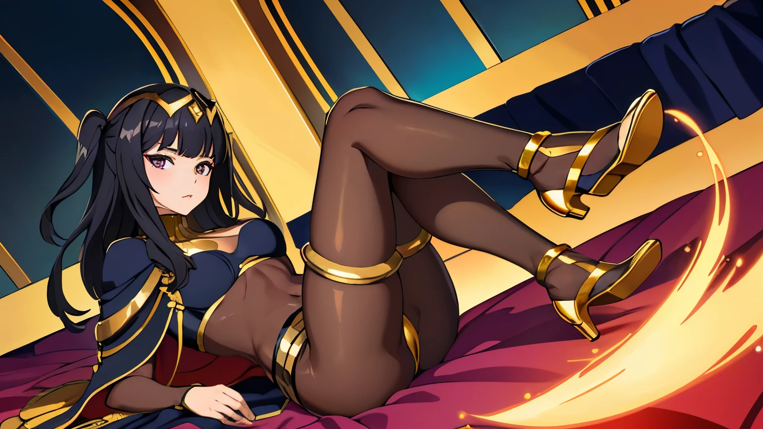 (the golden ratio,masutepiece, of the highest quality, Best Quality, Beautiful and aesthetic:1.2), ighly detailed, Colorful,highest details, (Adults,9,1girl in, Solo, Body stocking has gold lining, Gold collar, Gold loincloth, Hair Ornament, Cape, high-heels,Black full-body stockings, Black full-body stockings, Black full-body stockings, thighs thighs thighs thighs, TharjaV4, 1girl, solo, , footjob,deride you