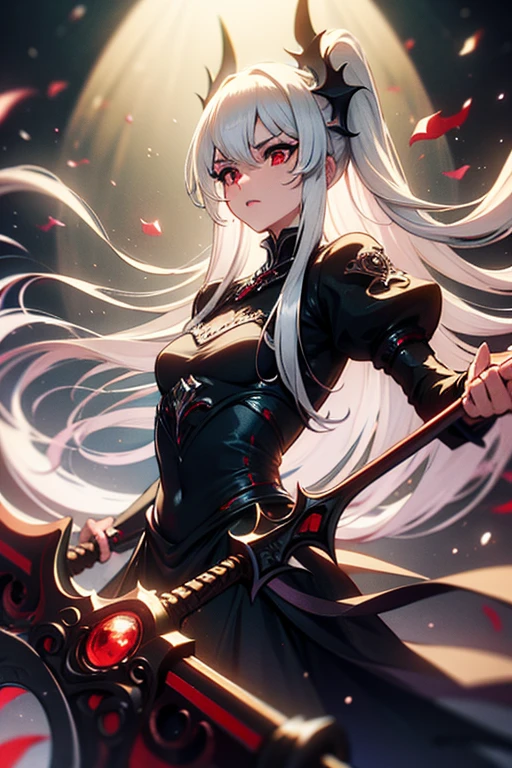 white hair, red eyes, light skin, ((long white hair)), (((battle-axe on back))), black gothic dress, flat chest, ((bored look)), 