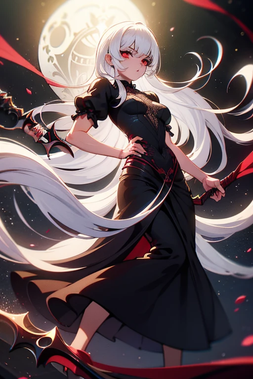 white hair, red eyes, light skin, ((long white hair)), (((battle-axe on back))), black gothic dress, flat chest, ((bored look)), 