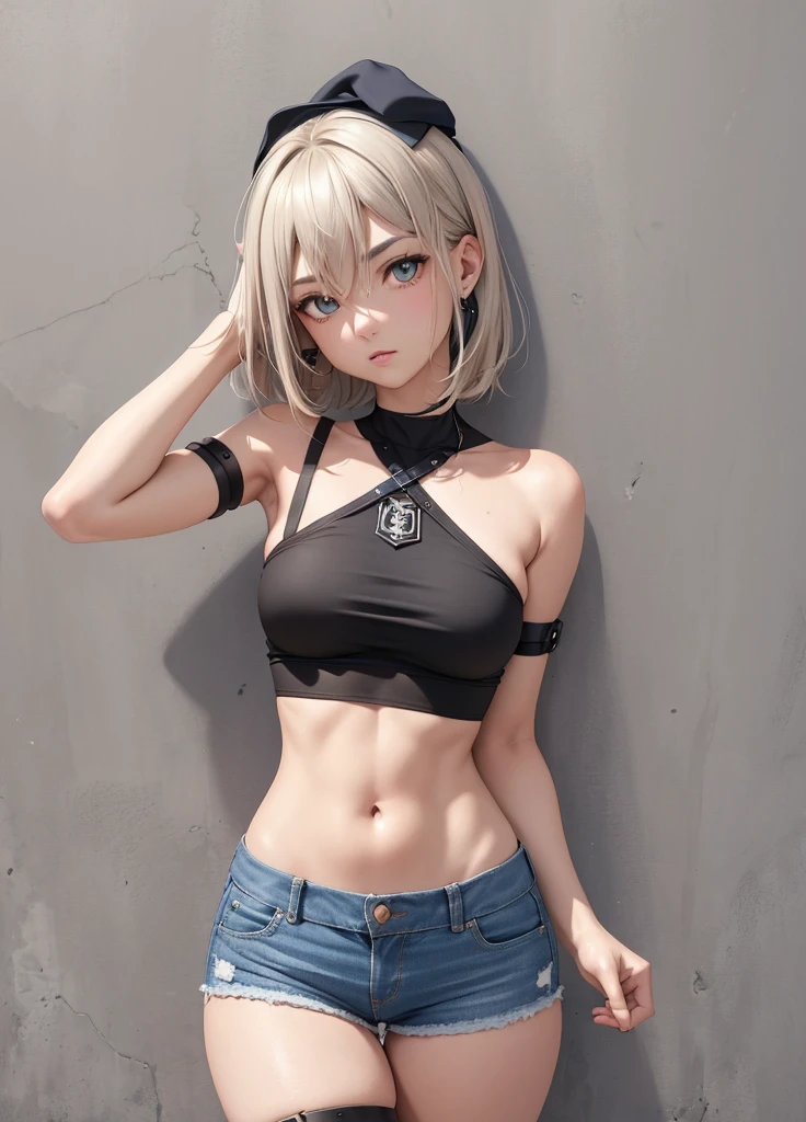 realistic photo, best quality possible, night, street with alley and graffiti on the walls, young woman, 20 years old, brunette with brown eyes, large hoop earrings, very short silver hair, perfect body, well-defined hips, she lifts a black mini blouse that wears and shows well full her small naked breasts, nipple piercing, exposed belly, navel piercing, short shorts camouflaged with an open army print showing a little pubic hair, white sneakers, smile and sensual and mischievous look, makeup