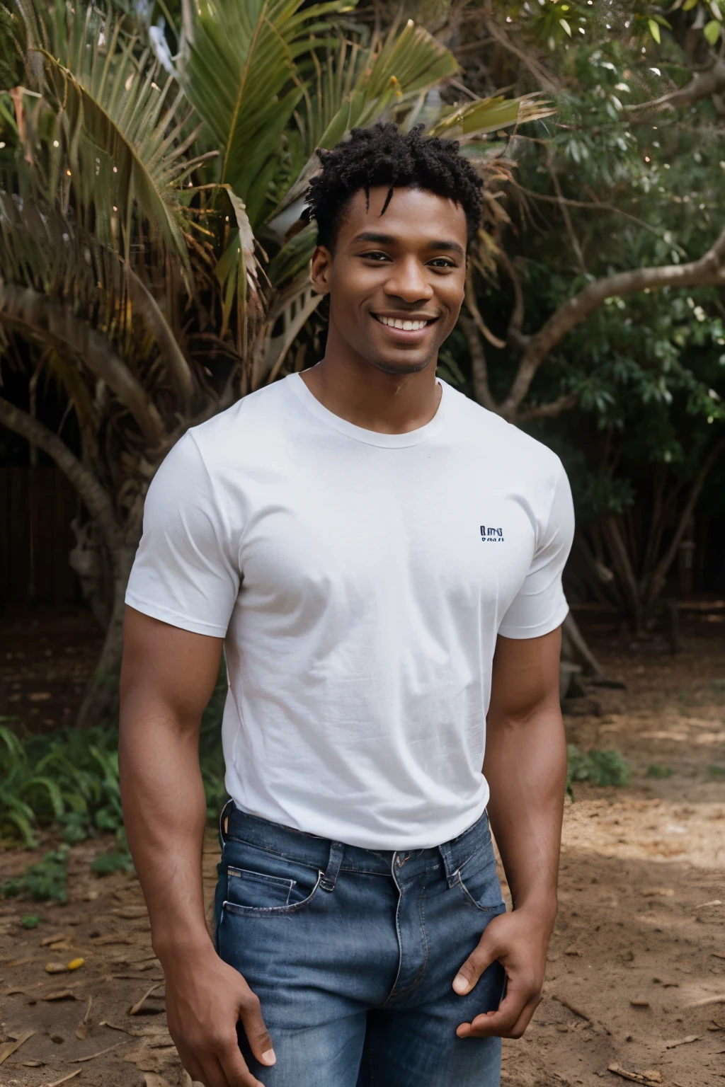 ((perfect photograph)), ((realistic)), ((8k)), (perfect face), gorgeous black man with corn roll hair, wearing a straight long white short sleeve t-shirt and dark jeans, hand pressed up against a tree, torso facing camera, outdoors, lots of light, smiling, some plants, big tree far in the background
