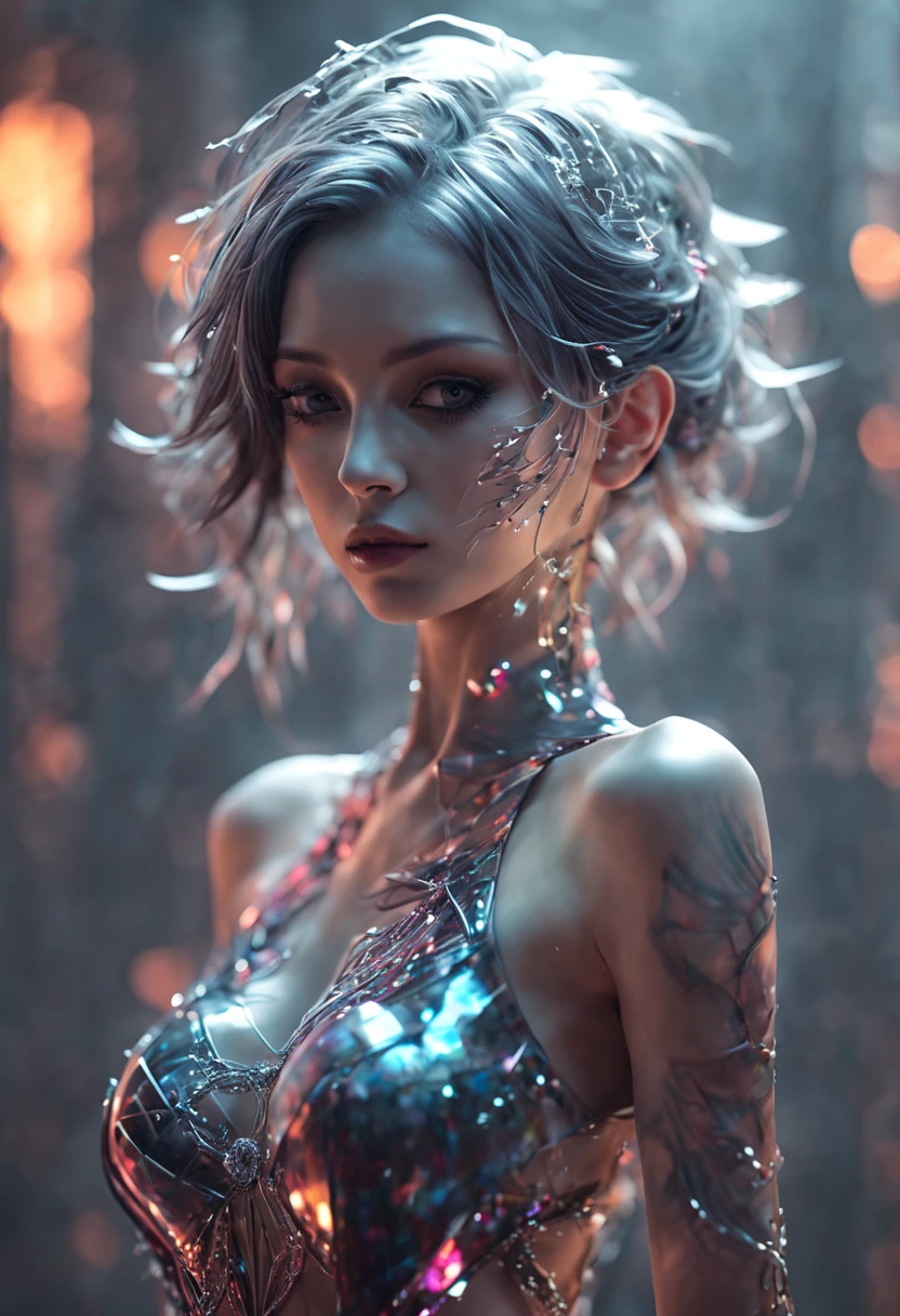 Translucent full body model cyberpunk biomechanical, liquid cooling, neon liquid pearl white glass, beautiful, gradient, pearl and smoke silver and crystal liquid silk, full body tattoos, transparent BACKLESS LACE-UP LACE SPLICED PU LEATHER CORSET bandage skirt, cyber Alternative Darkwave Fashion stunning, render, hyper realistic, octane render, crystal shine embellished, full body view, nearing perfection, voluptuous body, reflection behind model, Broken Glass effect, stunning, energy, molecular, textures, iridescent and luminescent scales, breathtaking beauty, pure perfection, divine, impressive, breathtaking beauty, Volumetric light, auras, rays, vivid colors reflects