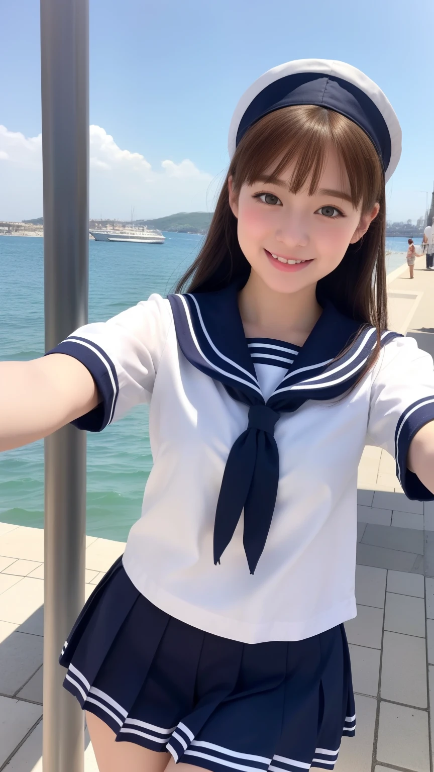 1girl in、Best Quality、Very cute、A smile、white sailor uniform、Very cute、glad looking face、Brown or Golden head hair、black skirt、beautiful eyes、20 years old、selfie、sunshine、Napoli、seaside、3D rendering