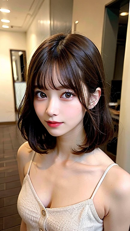 hire, sunlight, Backlight, ((cinematic light, ray tracing)), (masterpiece),((super detailed)), (Detailed CG illustration), (highest quality:1.2),(1 girl:1.2),fine texture, intricate details, fine texture, high quality shadow, realistic expression of face, Detailed Beautiful and Delicate Face, Fine, beautiful and delicate eyes, brown eye pupil, perfectly proportioned face, Depth of bounds written, perspective,20th generation, glossy lips, perfect body, Medium chest, clear_image, focus only, (brown hair), (((Perm Straight Hairstyles))), (Finely drawn beautiful eyes and detailed face), light source contrast, ((medium hair)), 21 years old, studio apartment, Background of the hallway seen from the entrance, ((camisole)), ((cardigan)),shorts,Medium chests, door-opening pose