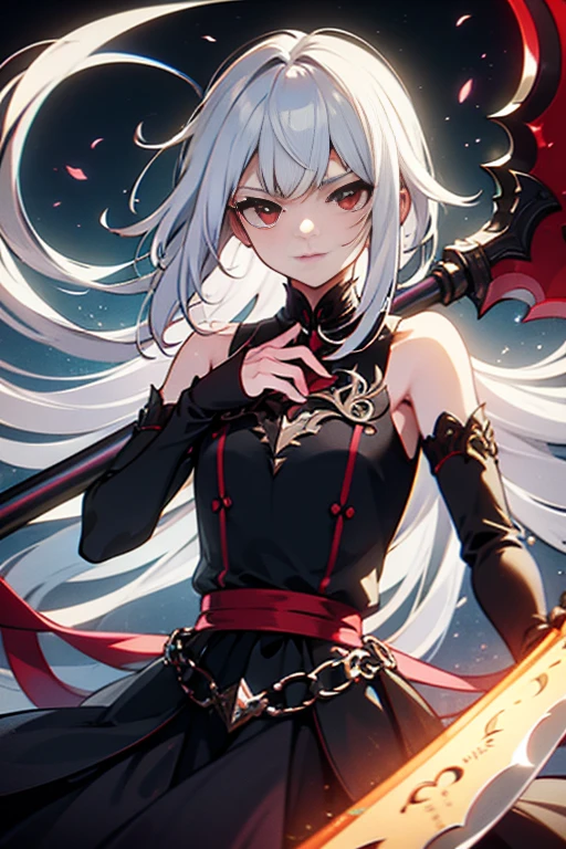 white hair, red eyes, light skin, ((long white hair)), (((battle-axe on back))), black gothic dress, flat chest, ((bored look)), 