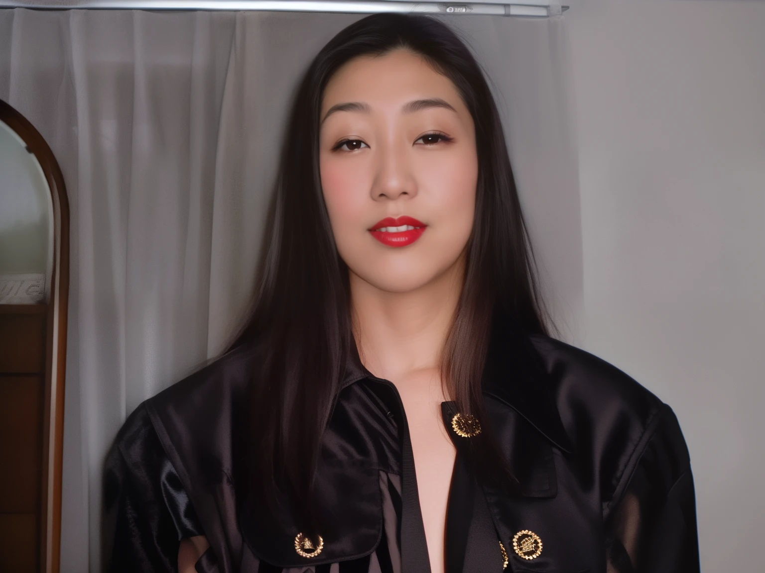 There is a woman wearing red lipstick and a black jacket, akiko takase, kiyoko suzuki, sorry, Kazue Kato, eiko ishioka, yayoi kasuma, inspired by Ayako Rokkaku, mutsumi akasaki, asian woman, Jen Gee, and Kimura-san, rinko kawaichi