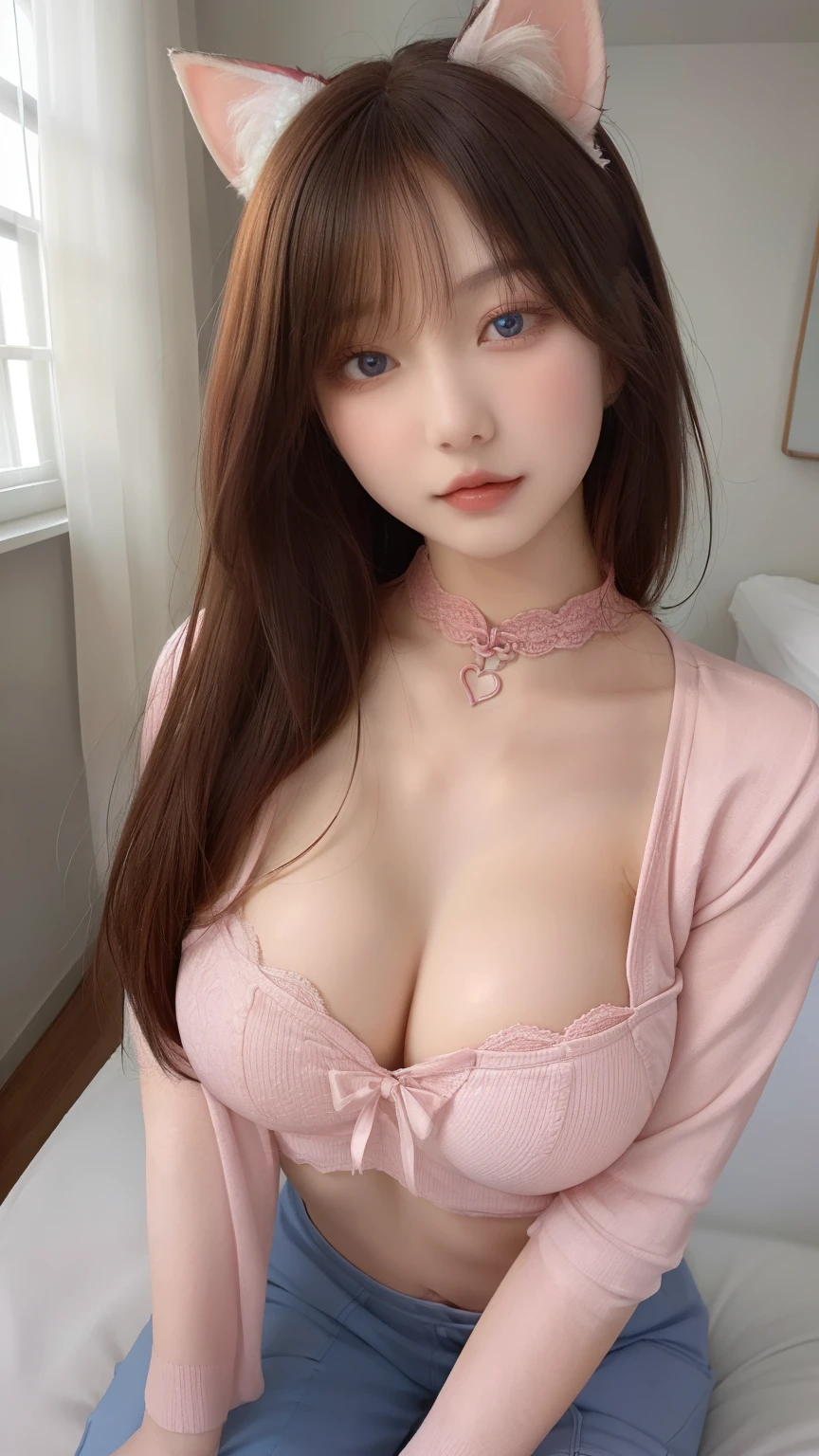 (ung girl), amazing face and eyes, pink eyes, (very beautiful girl), (the bestquality:1.4), (Super detailed), (masterpiece, the best_quality, Super detailed, 8k, ultra high definition, flawless:1.latin blue hair, blue hair,catwoman,, cat ears, glowing pink eyes, Shy, Compliant, Blushed, Wet oily skin, on the bed, Big deal胸, heart tattoo above, , Big deal腿粗, Beautiful hip curve, 巨Big deal, only, tight skin, scantily clad,Pink lace top, collar, facing the audience, Windows, bedroom, midnight, Sexy,,japanese goddess, Cardigan shirt, korean girl, 美丽的asian girl, V-shaped bust clothes, low cut,巨Big deal,Expose the upper half of the chest,not compact,下垂的Big deal胸,Gorgeous Chinese model, Beautiful young Korean woman, Japanese model, thick lips,duck mouth,asian girl, Beautiful young Korean woman, wearing shirt, beautiful korean woman, 坐on the bed, Looking to the future,巨Big deal,Big deal,up,portrait photo,super closeup,face camera,Take photos carefully,double tail,Red hair长波浪,Red hair,European and American women,,Mature