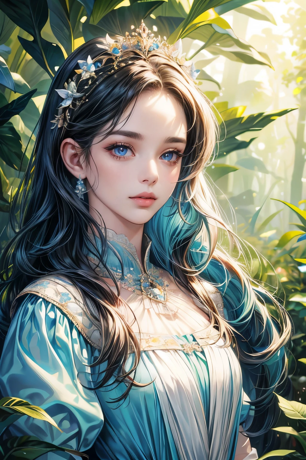 (best quality, 4k, 8k, highres, masterpiece:1.2), ultra-detailed, (realistic, photorealistic, photo-realistic:1.37), CG, upper body, one girl, alone, Thumbelina, little princess, blue taffeta court dress, forest background, intricate facial features, almond-shaped eyes, intricate eye makeup, long eyelashes, bright and clear large eyes with a starry gaze, detailed lip features, soft style