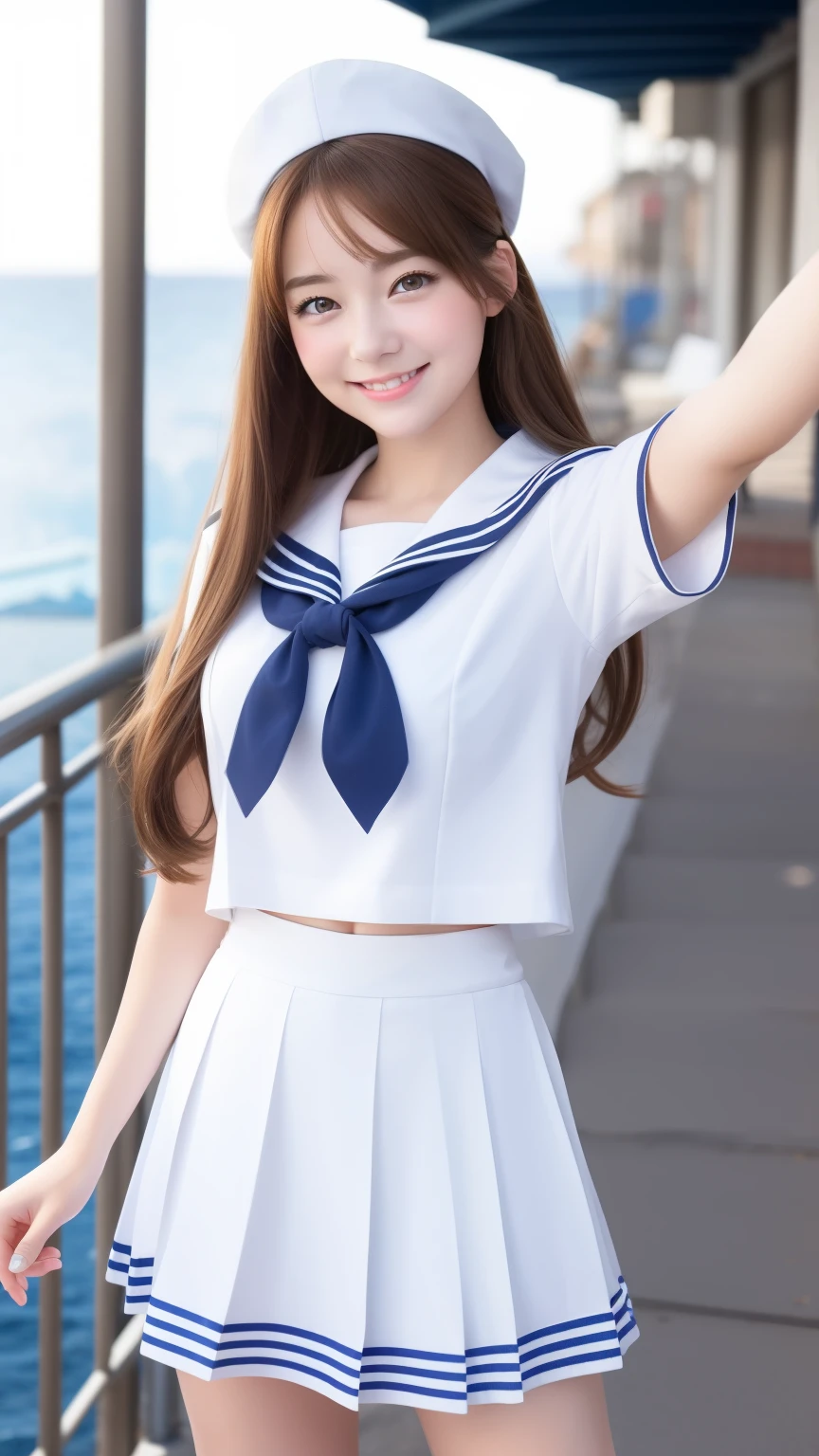 1girl in、Best Quality、Very cute、A smile、white sailor uniform、Very cute、glad looking face、Brown or Golden head hair、black skirt、beautiful eyes、20 years old、selfie、sunshine、Napoli、seaside、3D rendering