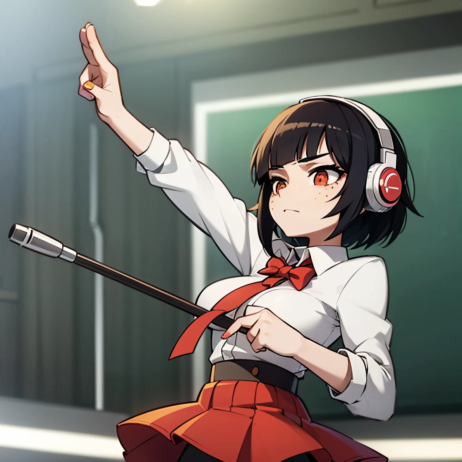 Anime girl with very short black hair, bangs that reach down to her nose, has freckles on her cheeks, wears headphones and wears a uniform, is on stage holding a microphone
