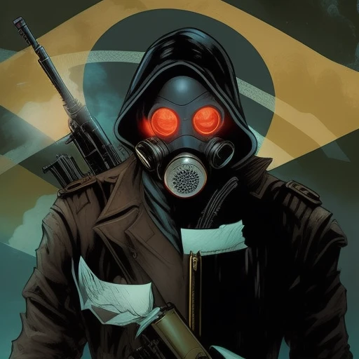 arafed image of a man with a gas mask and a gun, red son, by Victor Mosquera, by Antonio Parreiras, transmetropolitan, by André Castro, red-eyes, by Nathan Oliveira, as illustrated in top cow comics, inspired by Victor Mosquera, by Francis Souza, by Rodolfo Amoedo